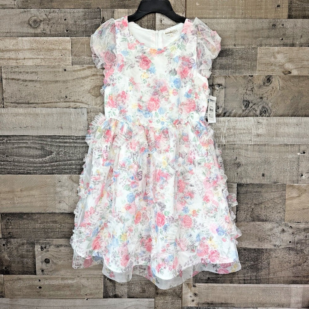 Kensie Girl Coral Dress Size‎ 14 Ivory Floral Scalloped Special Occasion Church